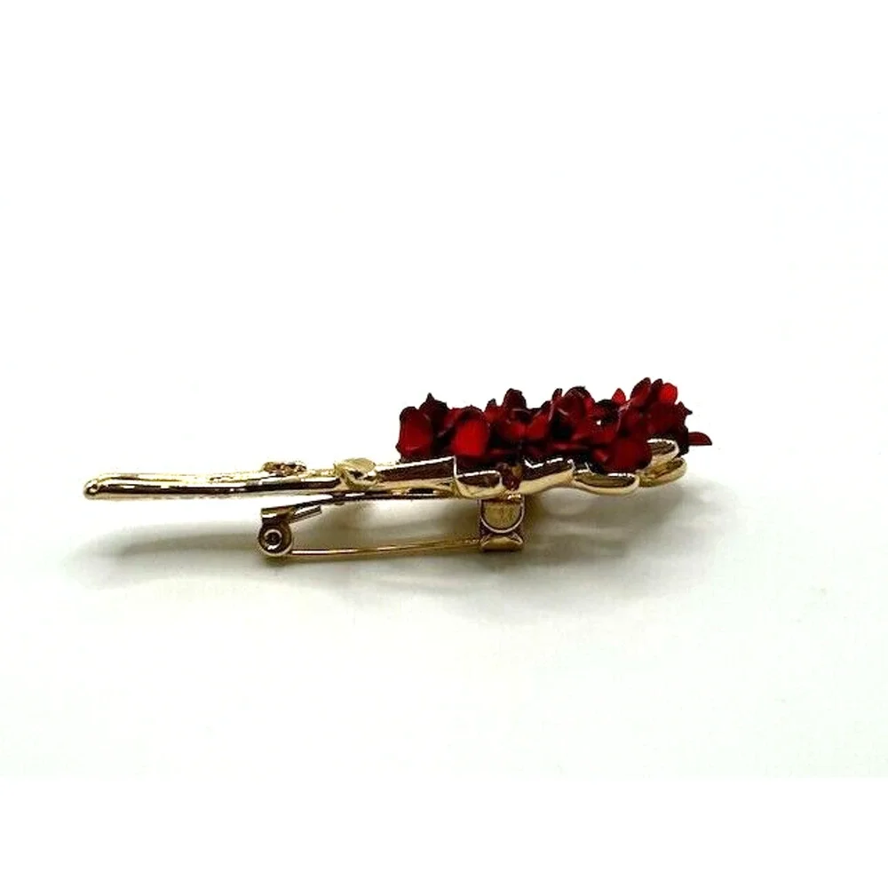 Vintage Avon Jewelry DM97 Gold Tone Dozen Enamel Red Roses Brooch‎ Pin 2.5